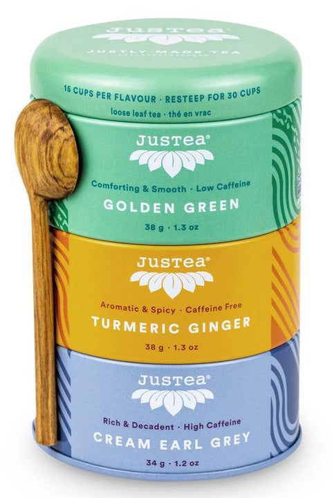 JusTea Trio: Assorted Tea Trio: Golden Green, Turmeric Ginger, Cream Earl Grey